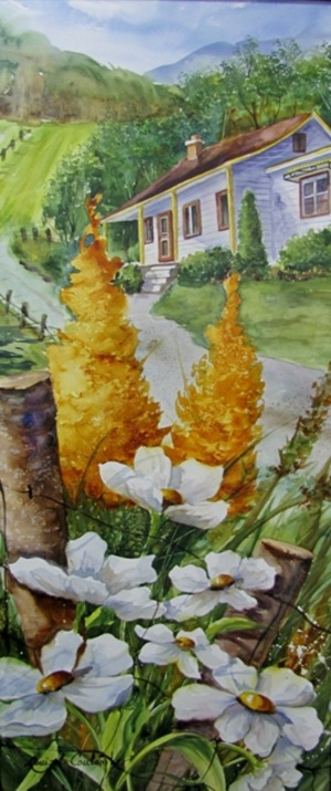fleurs jaunes  aquarelle vernie  sur papier 16 x 37